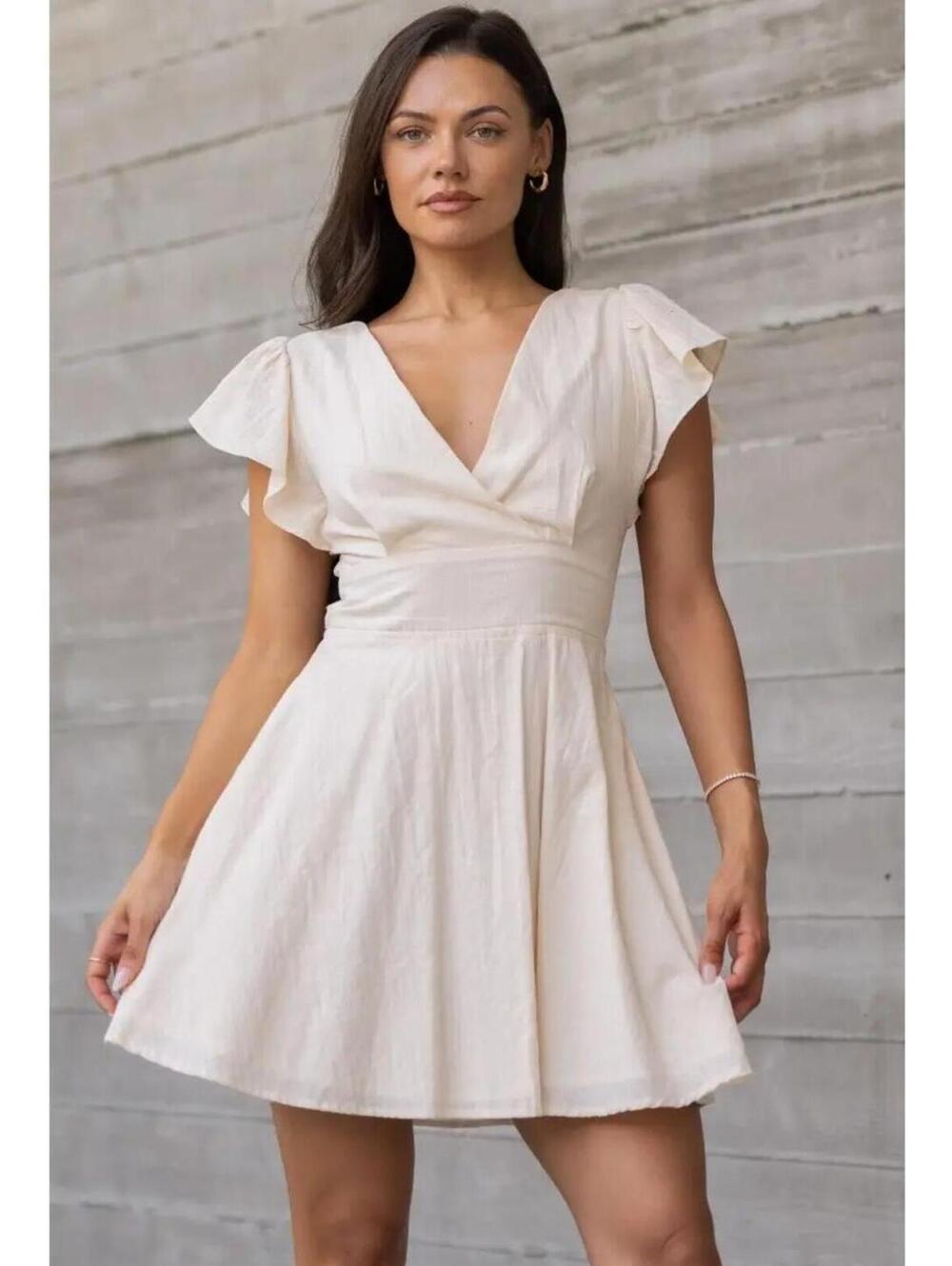 Verte Cream Wrap-look Front Flutter Sleeve Mini Dress